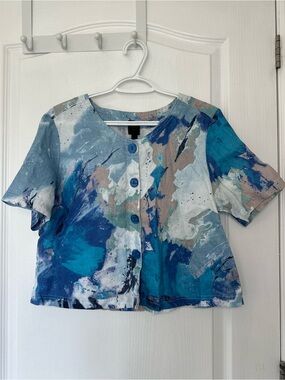 NWOT 100% Linen Blu No. 9 Abstract Blue Print Short-Sleeve Crop Button Front Top
